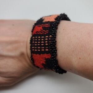 Black Thread Cuff Bracelet With Beaded Edge